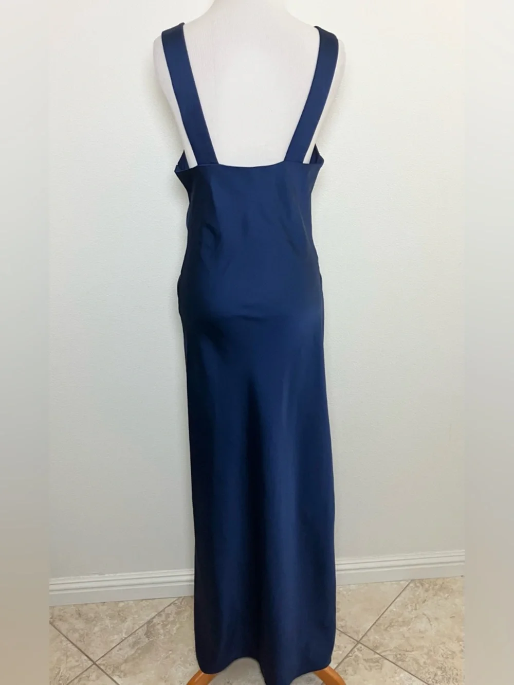 Satin Navy Blue V-Neck Maxi Dress with Wide Straps - Picture 7 of 11